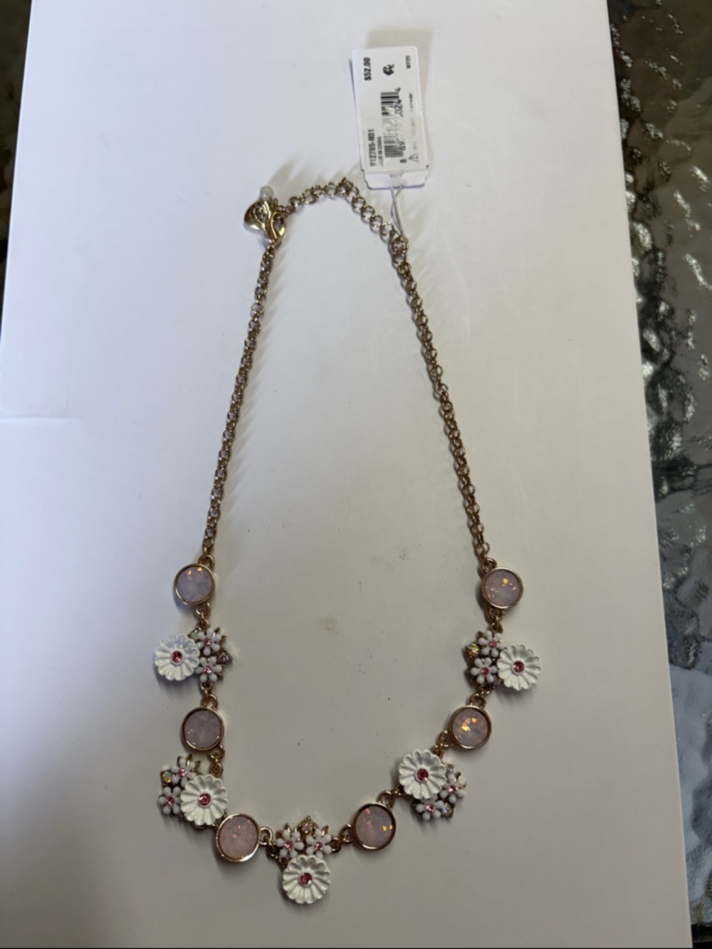 Betsey Johnson Gold-Tone Necklace with Pink Cabochons and White Enamel Flowers